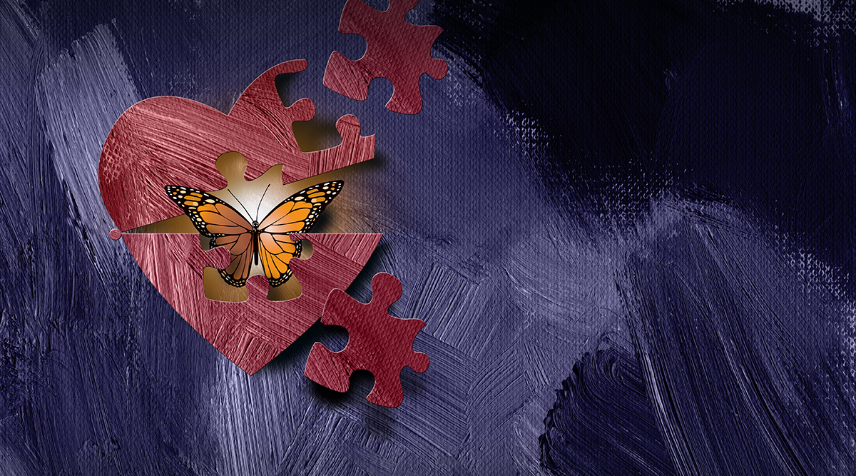 Heart is a jigsaw puzzle with a butterfuly emerging in the center
