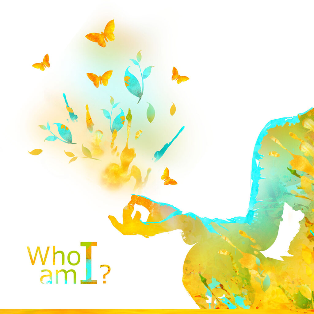 Drawing of someone meditating with butterflys coming from their palm and the writing, WHO AM I in the corner