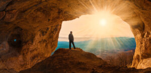 looking out of a cave