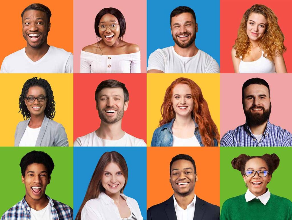 16 smiling faces in a grid