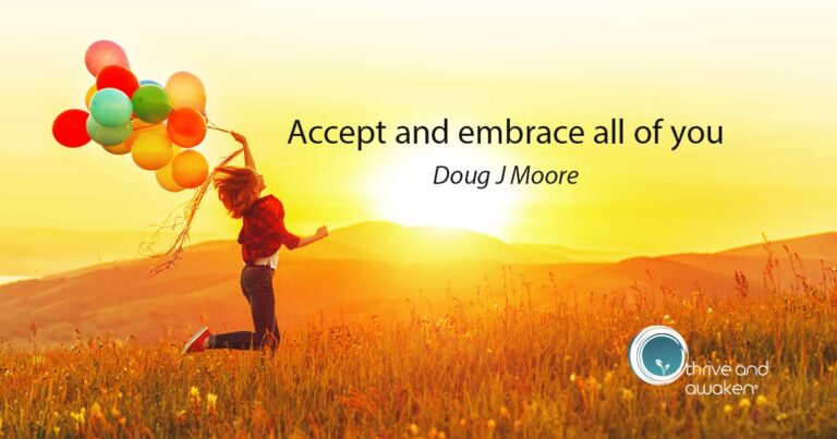 Person jumping in a field holding balloons, say is: Accept and embrace all of you