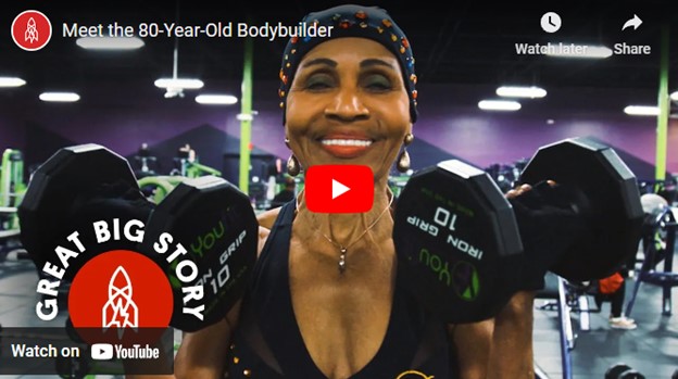 Picture of Ernestine an 80 yo body builder lifting wts.