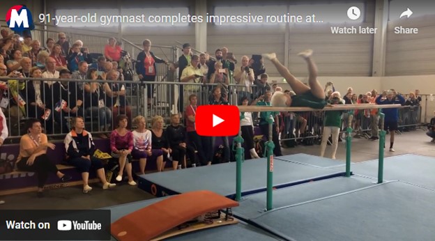 91 yo woman gymnast parallel bars