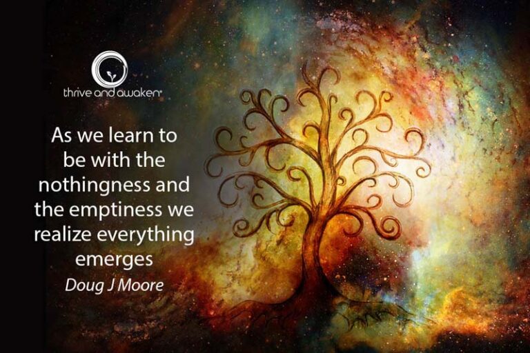 Lots of colors behind a tree. Quote from Doug: As we learn to be with the nothingness and the emptiness we realize everything merges