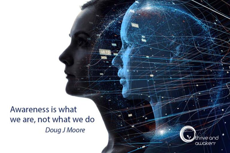 Two head superimposed over each other. Quote from Doug: Awareness is what we are not what we do