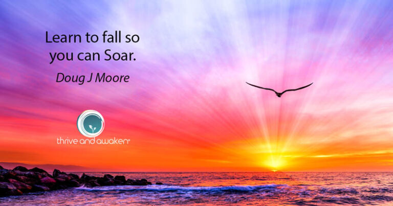 Bird soaring toward a sunrise with a quote by Doug: Learn to fall so you can soar