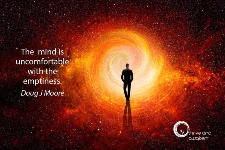 Person walking into a cosmic vortex with a quote from Doug: The mind is uncomfortable with the emptiness