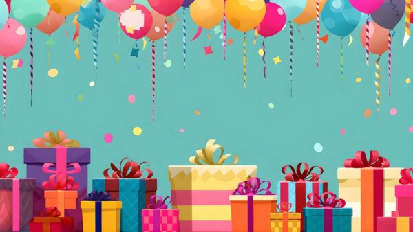 Wrapped presents and balloons