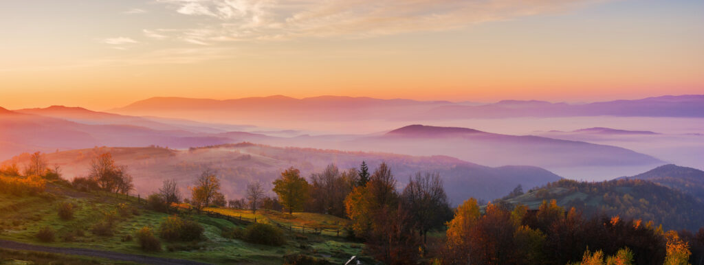 calm scene of hills and flog