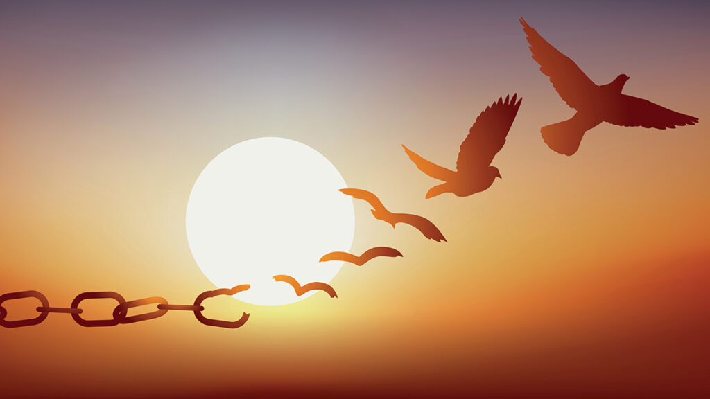 Birds flying free, emerging from chains