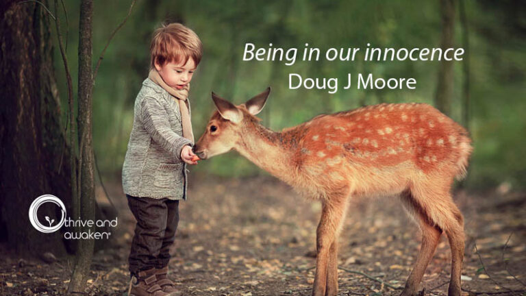 Little boy feeding a fawn with a quote from Doug: Being in our innocence