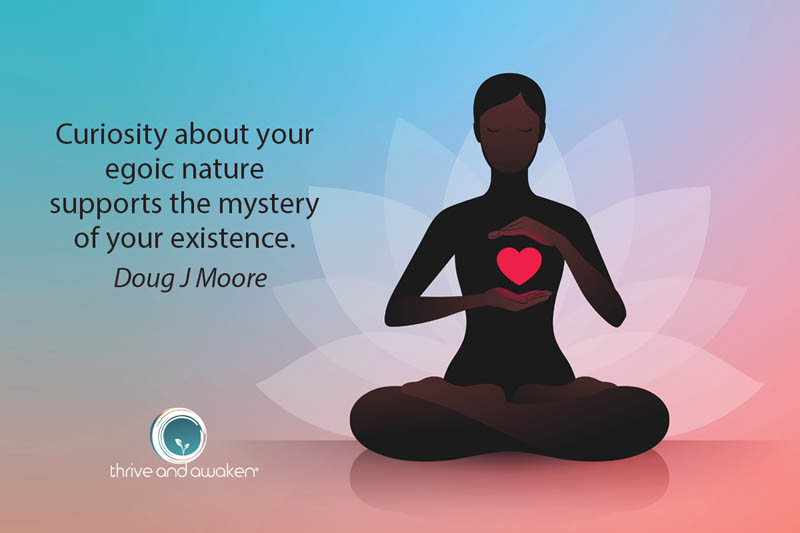 Illustration of a person in meditation position holding a red heart. Quote from Doug: Curiosity about your egoic nature supports the mystery of your existence.