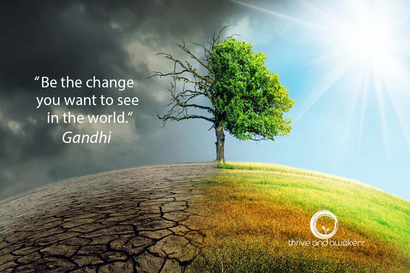 Left half of planet and a tree is dark, deadened. Right half is green and light. Quote from Ghandi: Be the change you want to see in the world.
