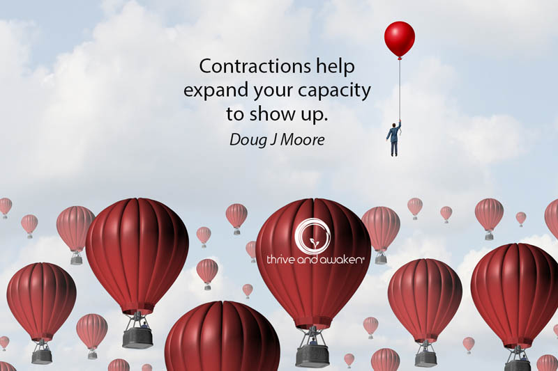 Hot air balloons rising. Quote from Doug: Contractions help expand your capacity to show up