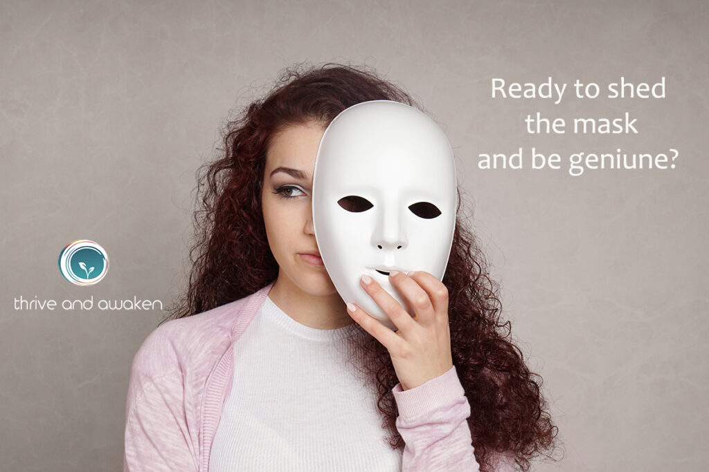 Woman holding a mask over half of her face with a quote from Doug: Ready to shed the mask and be genuine?