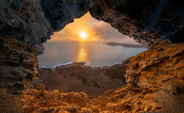 Sunset through a cave opening