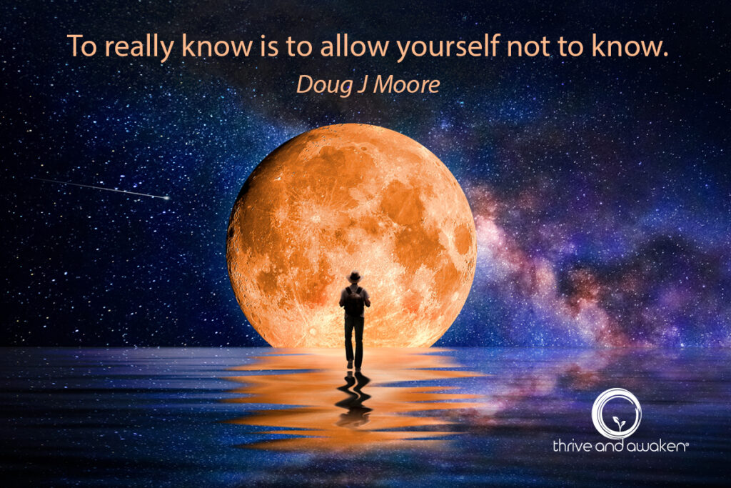 Sone walking on water towards a sun with cosmos behind it. Quote from Doug: To really know is to allow yourself not to know