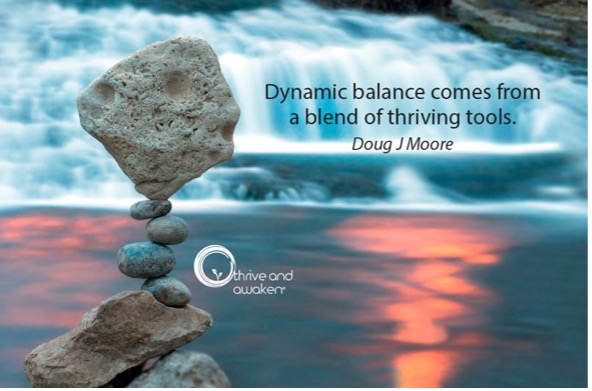 Rocks balancing on each other in front of waterfall. Quote from Doug: Dynamic balance comes from a blend of thriving tools