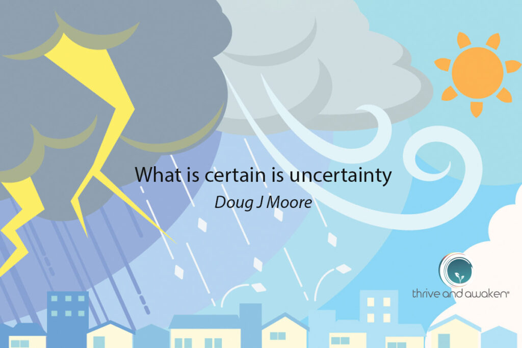 Graphics of raing, thunder, wind. Quote from Doug: What is certain is uncertainty