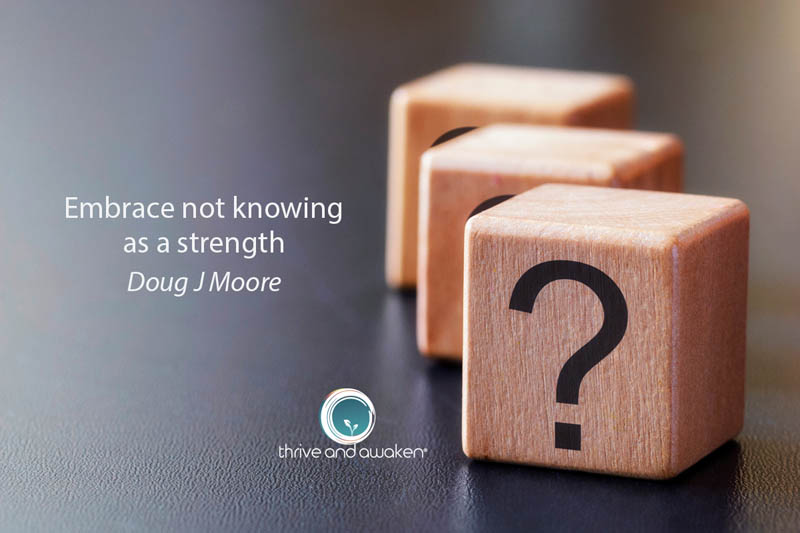 Several blank dice with the front one have a large question mark "?" on it. Quote from Doug: Embrace not knowing as a strength