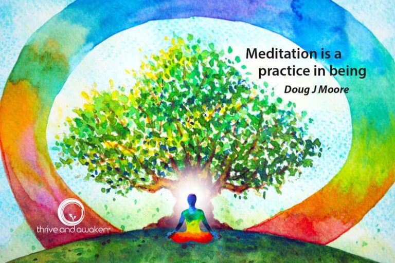 Circle of color around a tree with a person meditating at its base. Quote from Doug: Meditation is a practice in being
