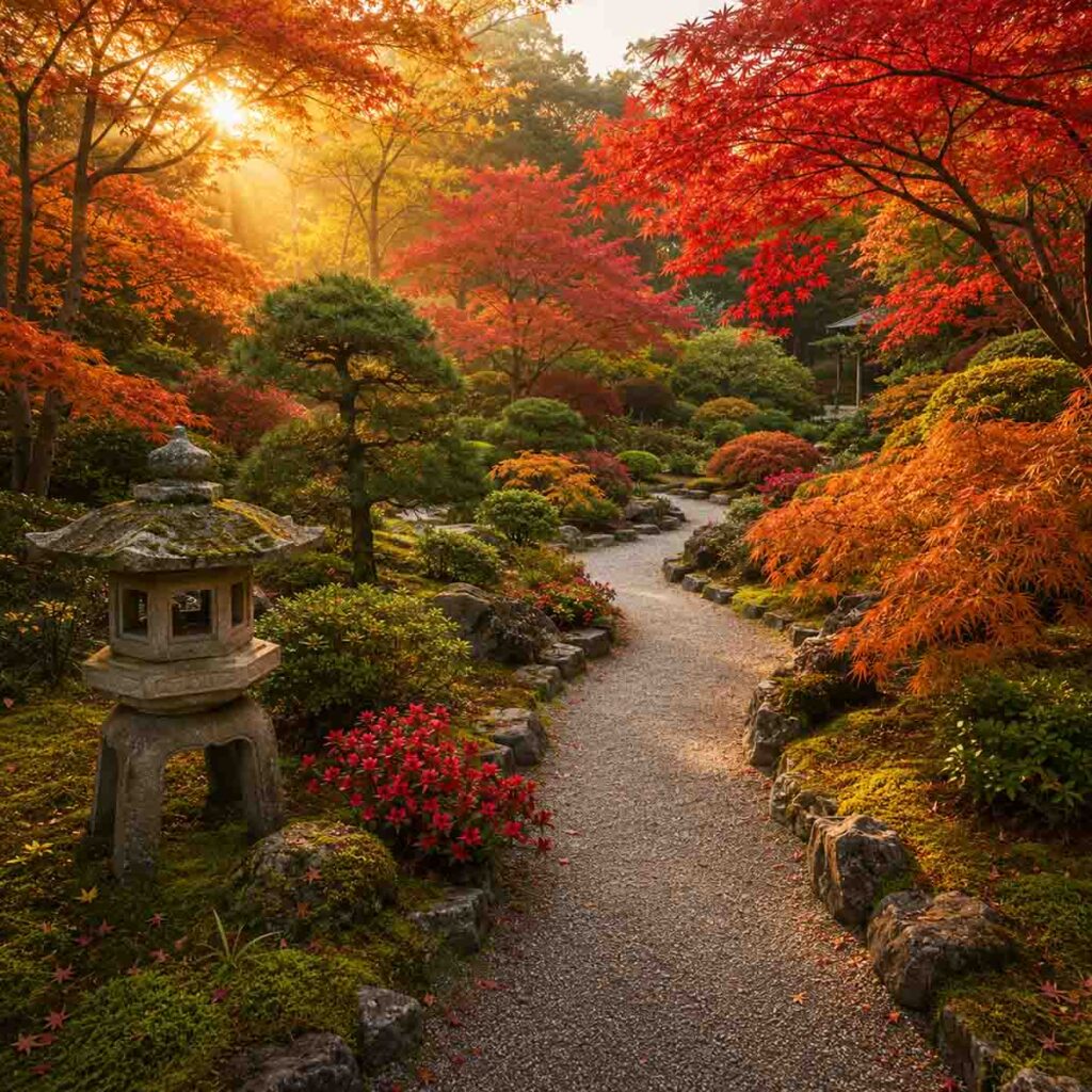 Japanese garden with a walkway winding through it