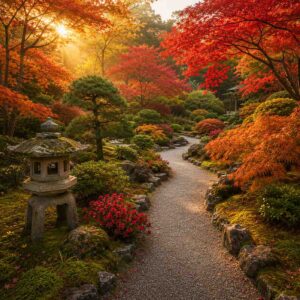 Japanese garden with a walkway winding through it