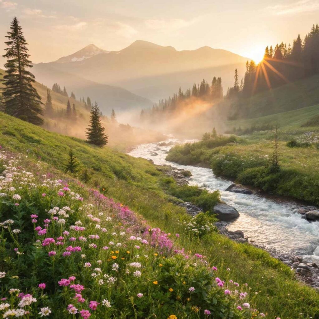 sunrise river thru mountains