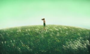 person in field looking up to green sky