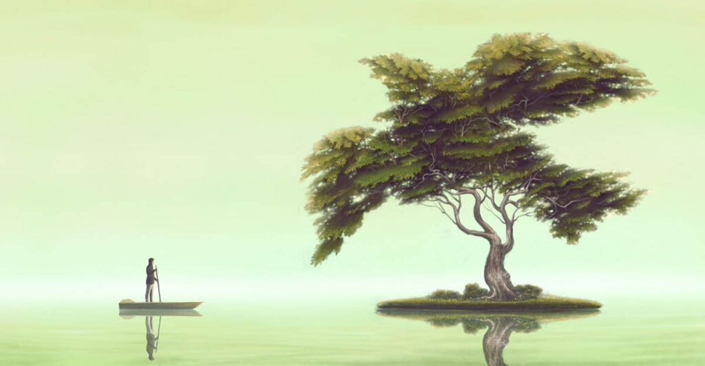 Tree leaves in the shape of a bird on an island with calm waters and person in a boat