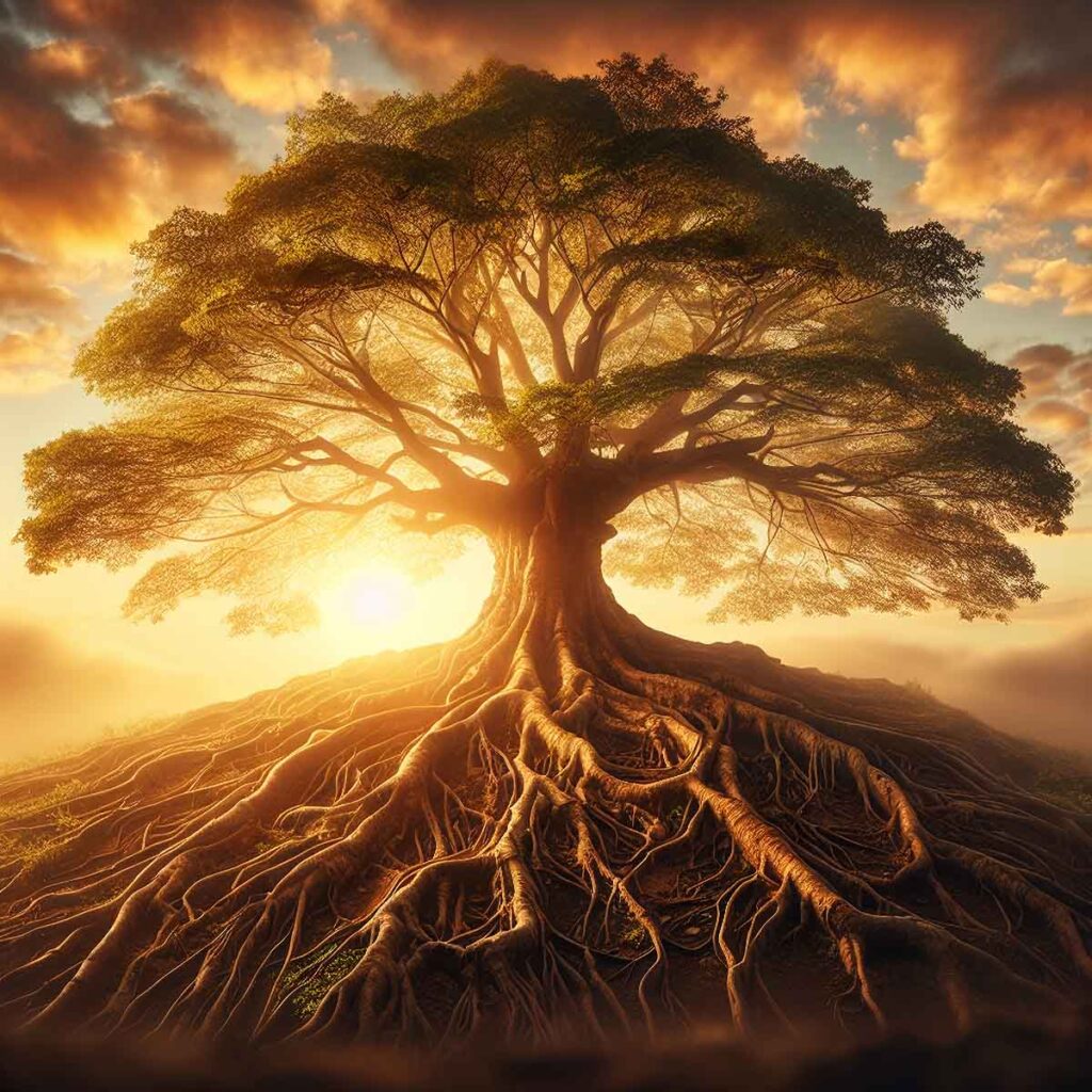 Tree with sun setting behind it and roots showing