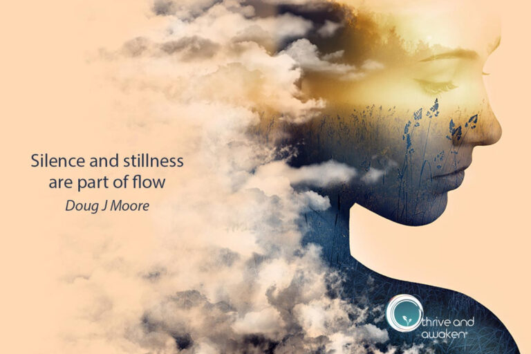 A person with transparency so clouds and fields are within the image. Quote by Doug: Silence and stillness are part of flow