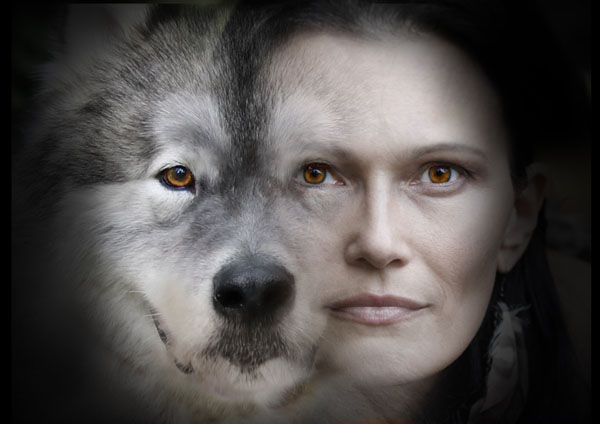 Collage of a wolf and a woman's face