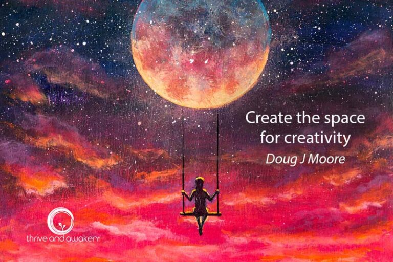 child on a swing dangling from a planet, quote from Doug: Create the space for creativity