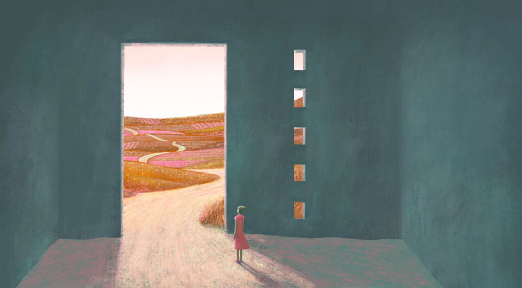 Drawing of person looking outside throught a very large door